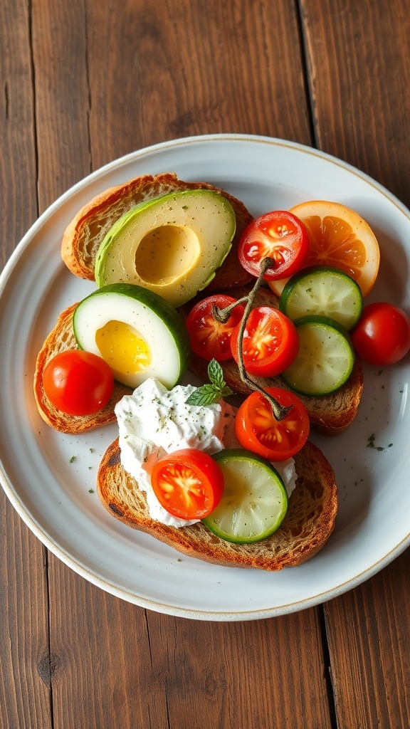 Cozy Knitwear Toast Recipe A plate of toast with avocado and ricotta cheese topped with tomatoes and cucumber on a wooden table.
